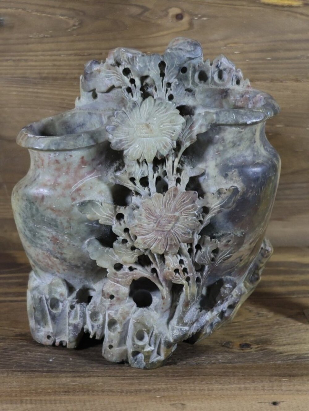 Vintage Chinese Carved Soapstone Double Vase With Flowers and Leaves 6. 5" tall - Picture 2 of 7